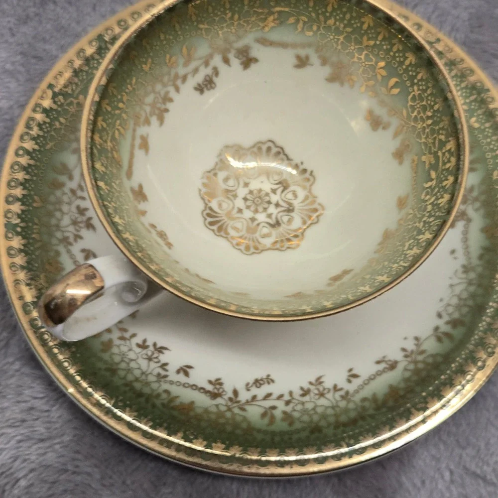 Schirnding Bavaria Porcelain Teacup Saucer Set Green Gold Floral Vintage Germany